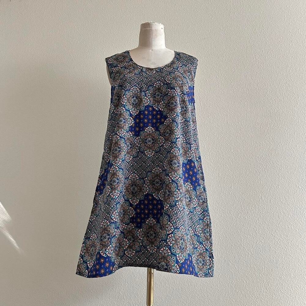 handmade blue orange abstract paisley print mini/midi sleeveless dress